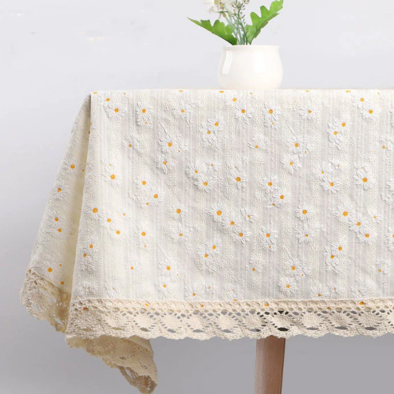Beige Daisy Lace Tassels Cotton Tablecloth Rectangle Table Cover for Tea Table Decorations Kitchen Living Room Wedding Party Use 4