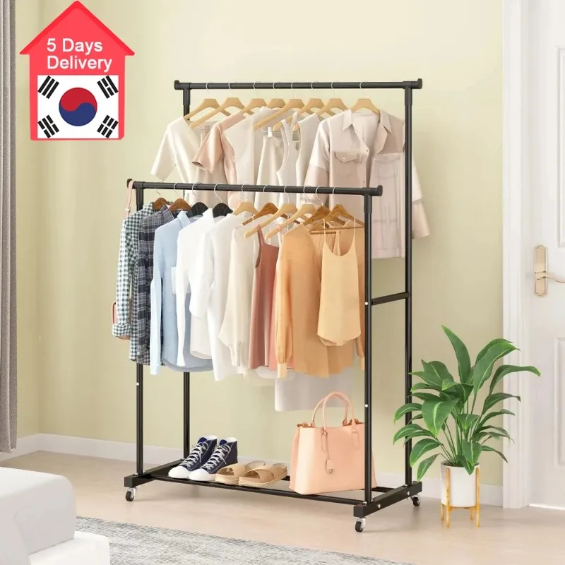Porte-vêtements à Double tige, avec crochets, organisateur de vêtements suspendu pour chambre à coucher, cintre mobile avec roulettes