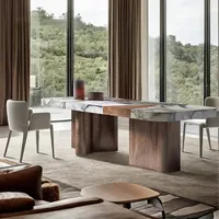 Table à manger en marbre naturel sur mesure, toutes tailles, extra longue, base en bois massif, haut de gamme, résistante aux rayures et aux taches, mobilier de salle à manger pour villa 2