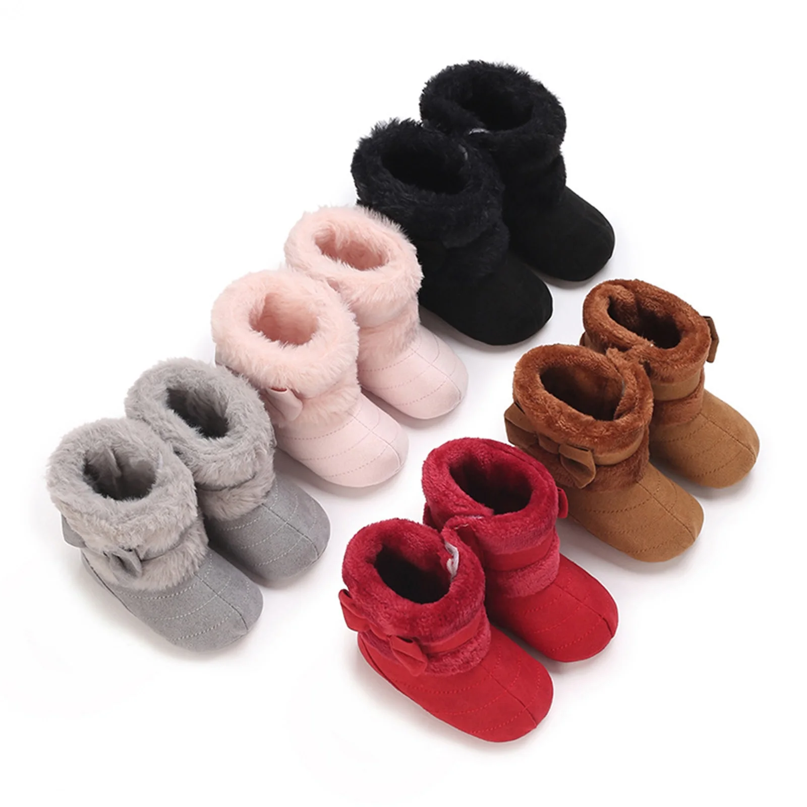Baby Boots Girls Winter Snow Boots Cute Bowknot Fuzzy Crib Shoes Infant Warm First Walker with Non-Skid Soles