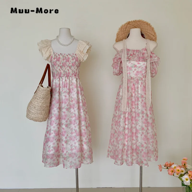 

2023 Summer Sweet Flying Sleeve Floral Print Square Collar Dresses Women's Elegant Chiffon A-Line High Waist Beach Style Dress