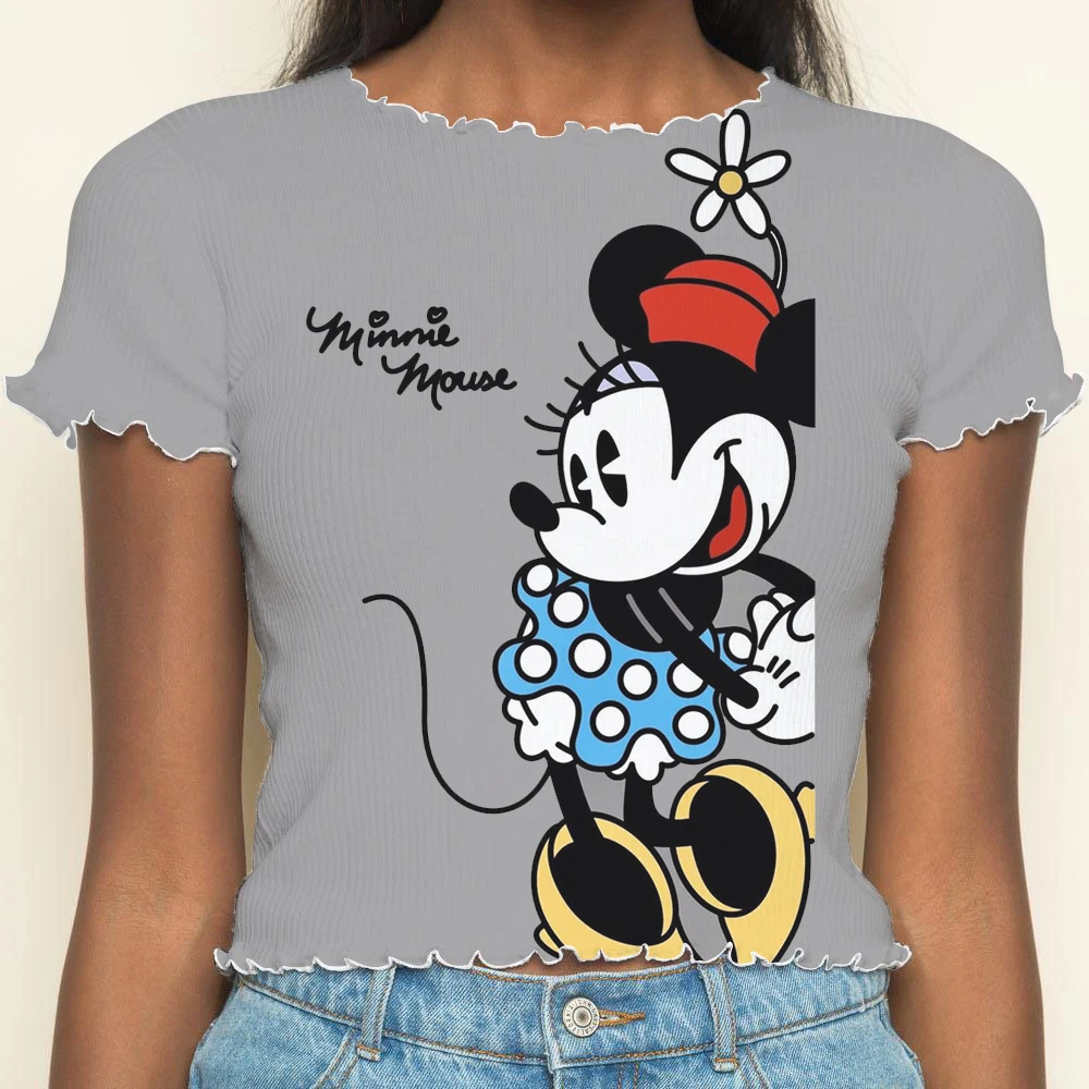 

Женская летняя одежда 2024, укороченные топы с коротким рукавом, женская одежда Sexys Y2k, футболка с принтом Диснея и Минни Маус, футболки, топ с отделкой салата