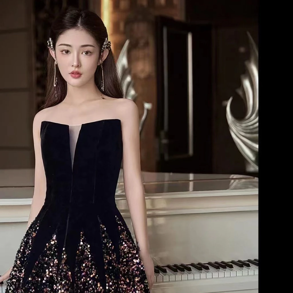 Fashion Luxury Black Celebrity Dress Strapless Boat Neck A-line Sequins Sparkling Formal Party Gowns For Women Vestidos De Noche