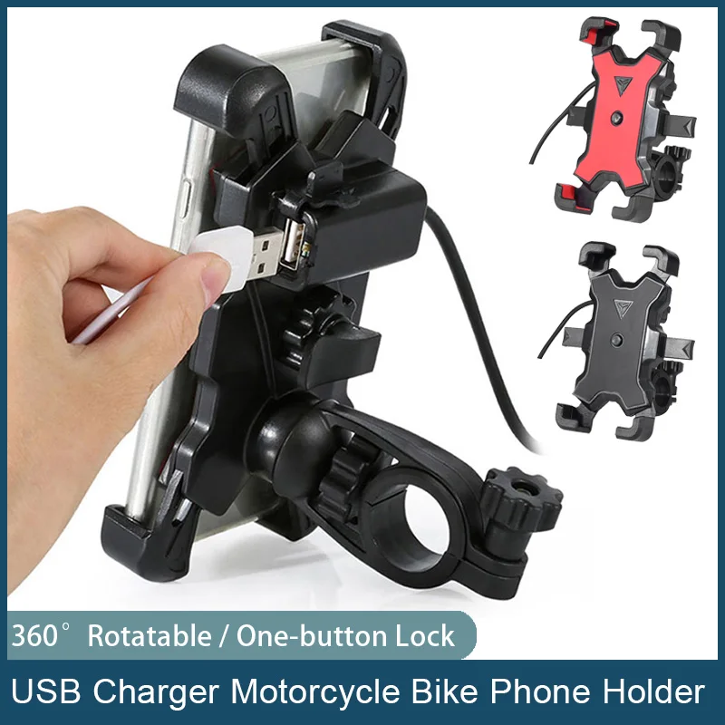 Universal Motorcycle Cellphone ABS Mount Holder For 3.5-7"Phone GPS USB Charger 