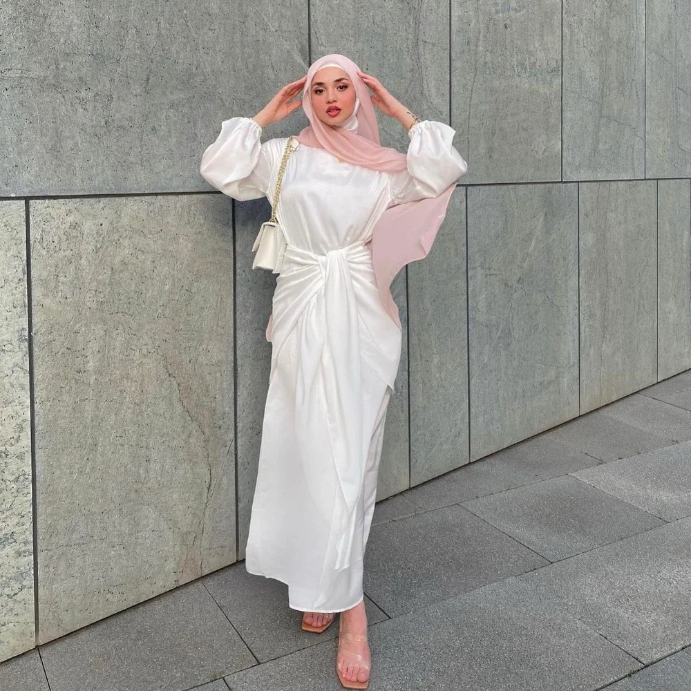2 Piece Silky Satin Abaya Dress with Wrap Front Skirt Arabic Long Modest Dresses for Muslim Women Dubai Ramadan Islamic Clothing