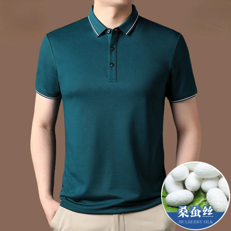 

High End 100% Mulberry Silk Short Sleeve T-shirt for Men Summer Polo Solid Ice Silk T Shirt Thin Casual Breathable Men's Camisas