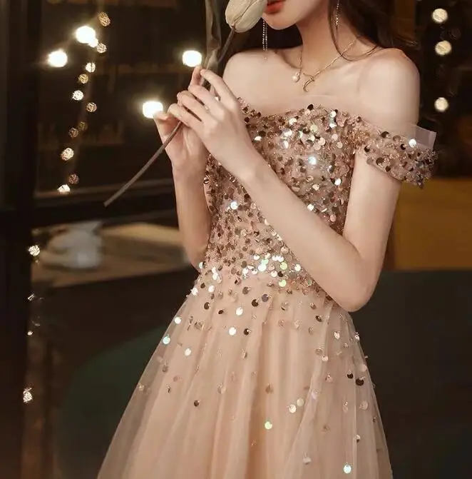 

Sexy Champagne Gold Evening Dresses A-Line Off Shoulder Luxury Sequins Beading Long Wedding Formal Guests Party Prom Gowns 2022