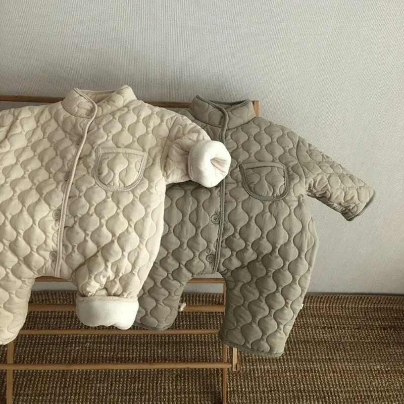 

FINEPAT Winter Thicken Warm Baby Romper Cotton Fashion Boys Plus Velvet Jumpsuit Retro Girls Down Jacket Onesie Clothes