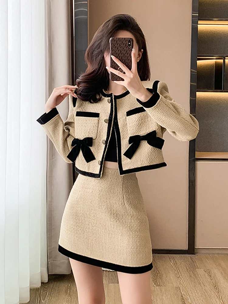 

Fashion Elegant Tweed Two Piece Sets Small Fragrance Bow Short Jacket Cropped Coat + High Waist Mini Skirts Suits Womens Outfits