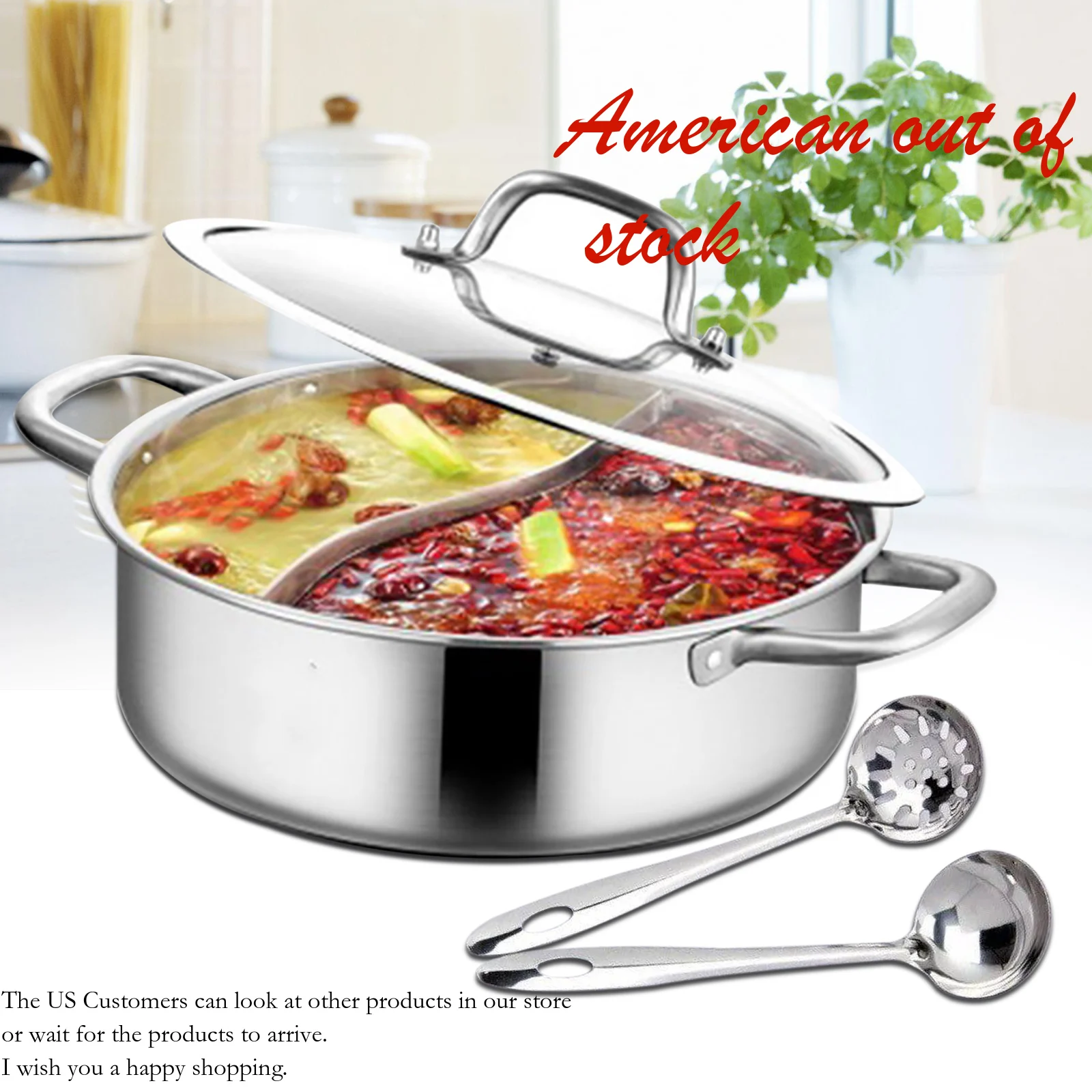 

304 пищевой разделитель и крышка из нержавеющей стали Shabu Hot Pot с 2 половками для двухсторонней суповой посуды