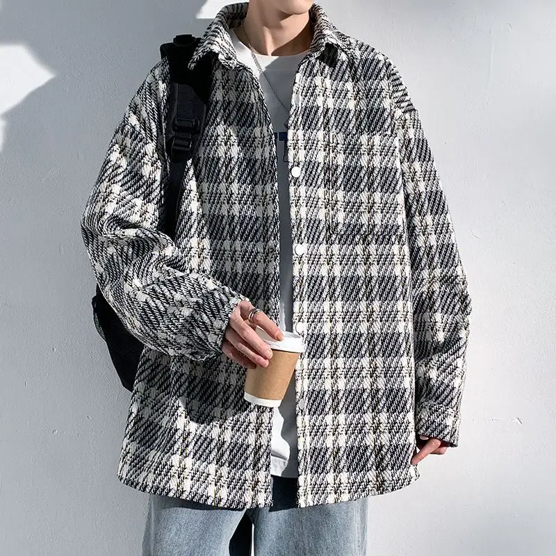 

Men's fashionable elegant woolen coat Korean style autumn winter high-end plaid fashion trend shirt lapel loose jacket freshing