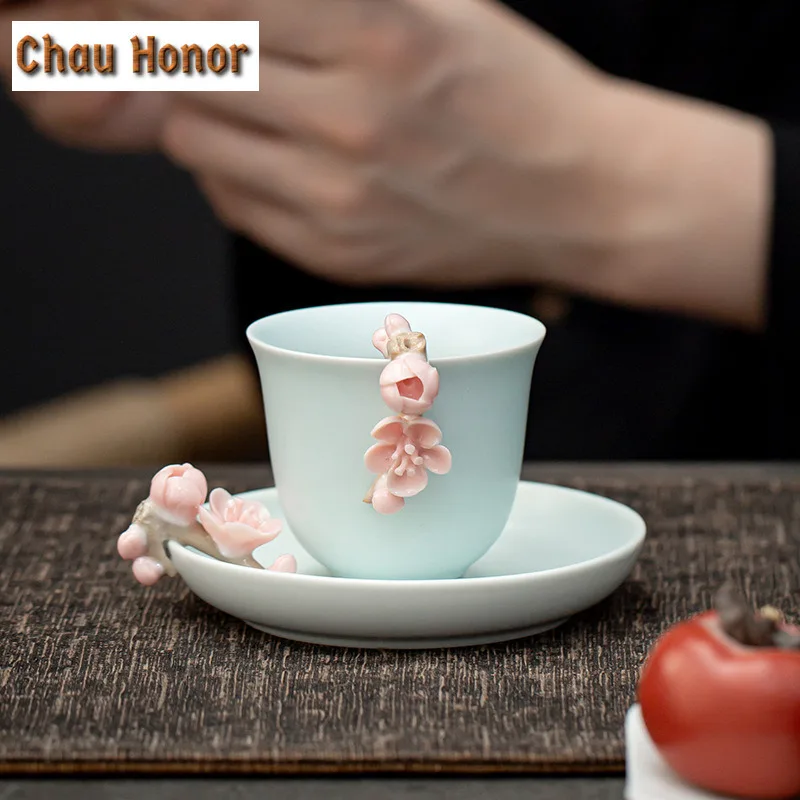 Handmade Knead Pink Plum Blossom Ceramic Teacup Coaster Boutique Azure Ru Kiln Celadon Heat Resistant Placemats Kung Fu Teaware