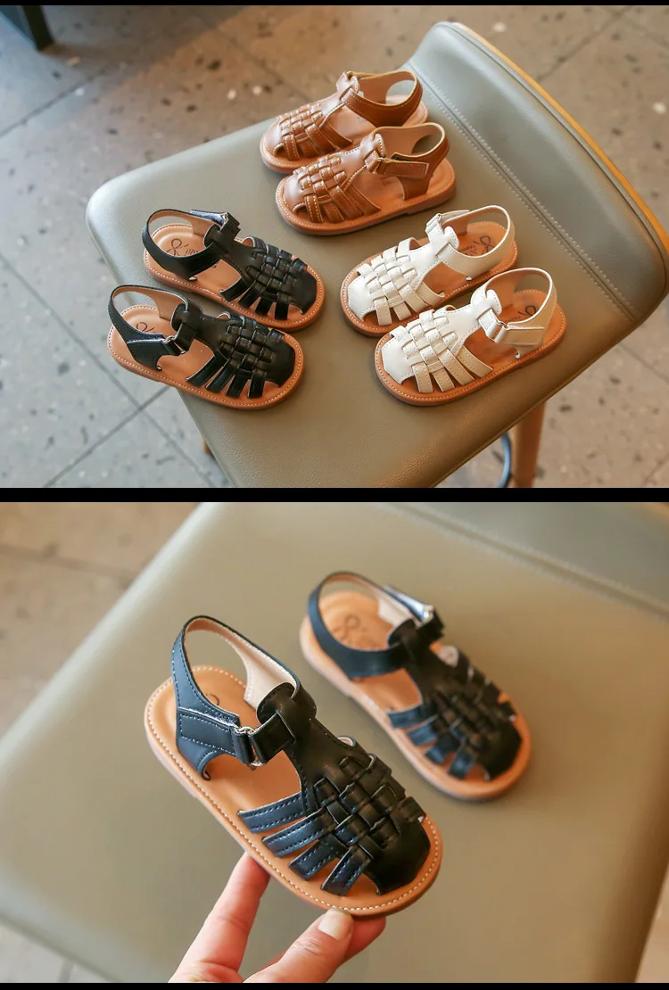 Girls Woven Sandals Summer 2022 Children Breathable Vintage Roman Sandals Soft Bottom Flat Casual Leather Kids Girl Beach Shoes children's shoes for sale