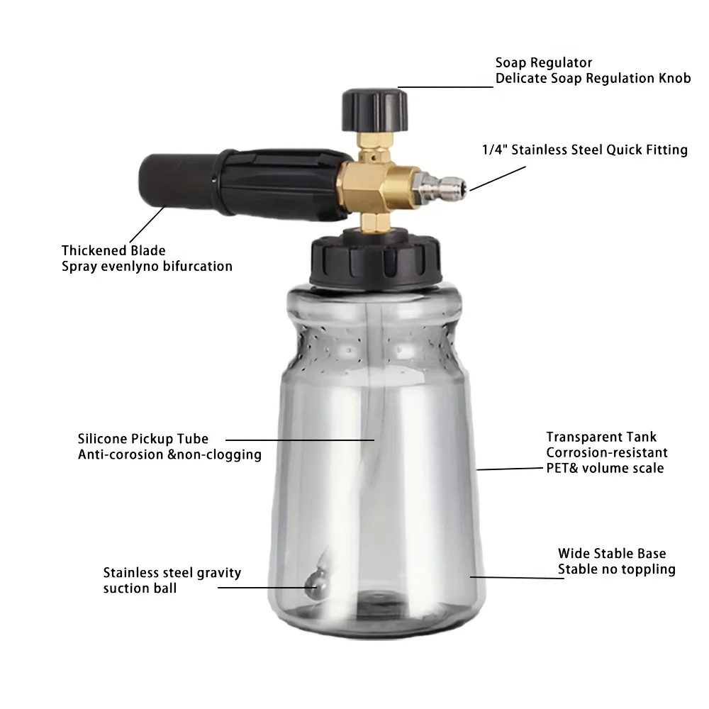 고압 세척기용 알루미늄 폼 캐논, 1/4인치 퀵 커넥트 1L 대형 입구 포트(중력 볼 포함), 각도 조절 가능