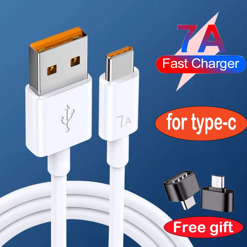 

7A USB Type C Super-Fast 100W Charge Cable for Huawei P40 P30 Mate 40 Fast Charing Data Cord for Xiaomi Oneplus Redmi With Gift