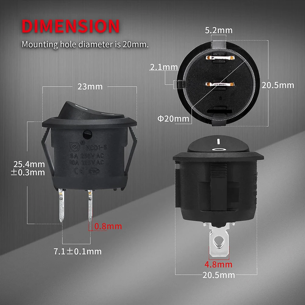 DaierTek 5pcs Round Rocker Switch  ON Off SPST 20mm Mini Circle Toggle Switch RV 2 Pin 12V DC  for Auto Car Marine Boat