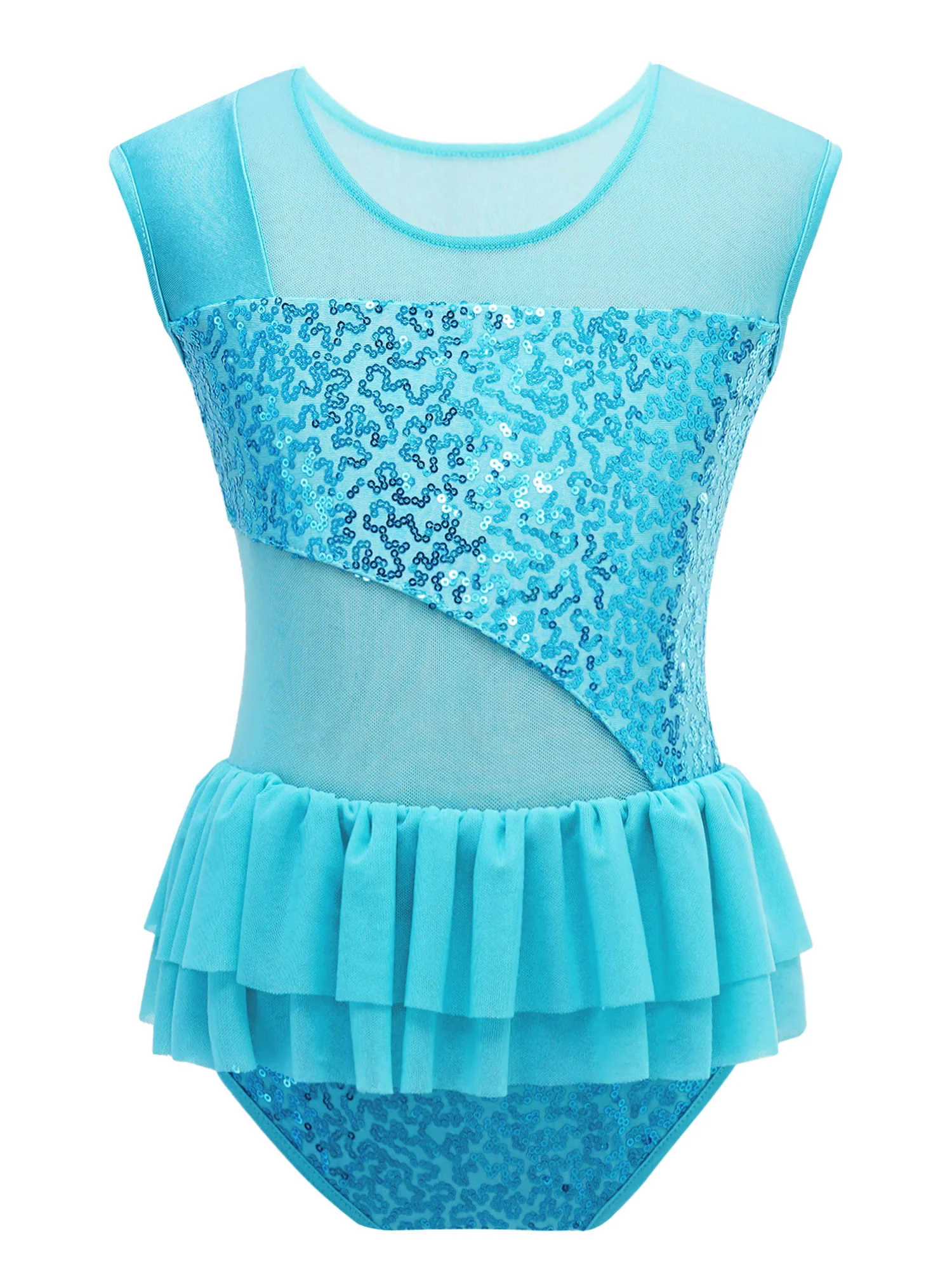 Kids Girls Stylish Clothing Sleeveless Round Neckline Shiny Sequins Patchwork Style Ruffle Mesh Hem Dance Leotards dancewear