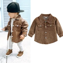 Synpos Fashion Spring Kids Boys Solid Brown Denim Jeans Jacket Children Long Sleeve Single Breasted Pocket Coats 1-5 Years