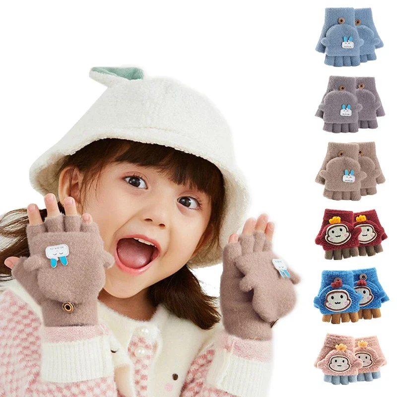 Baby Winter Gloves Boys Girls Knitted Fingerless Mittens Children Half Finger Flip Cuff Mittens Toddler Warm Gloves 1-6 Years