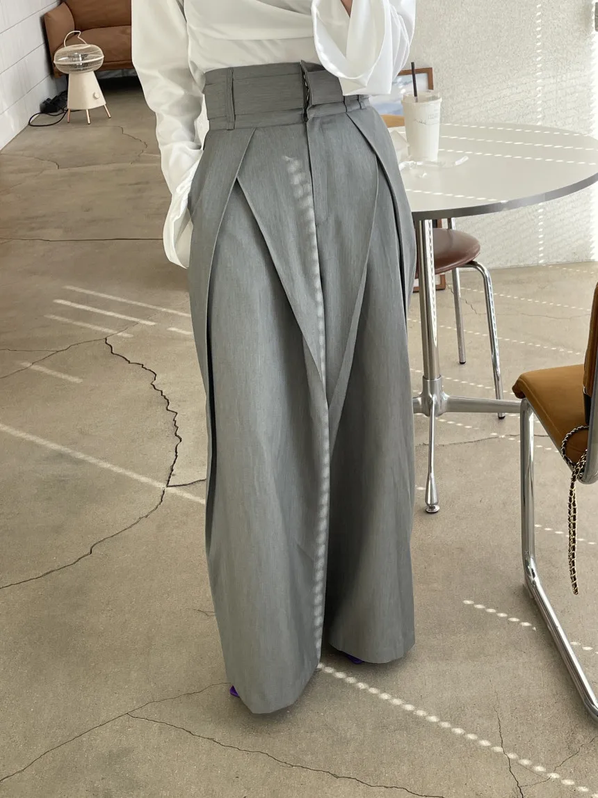 

Loose Patchwork Pleated Trousers For Women High Waist Bandage Pockets Solid Casual Wide Leg Pants Female 2023 Summer New
