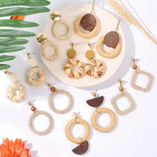 

Vintage Handmade Straw Hemp Rope Rattan-weaved Earrings For Women Creative Geometric Round Square Eardrop Ear Piercing Jewelry