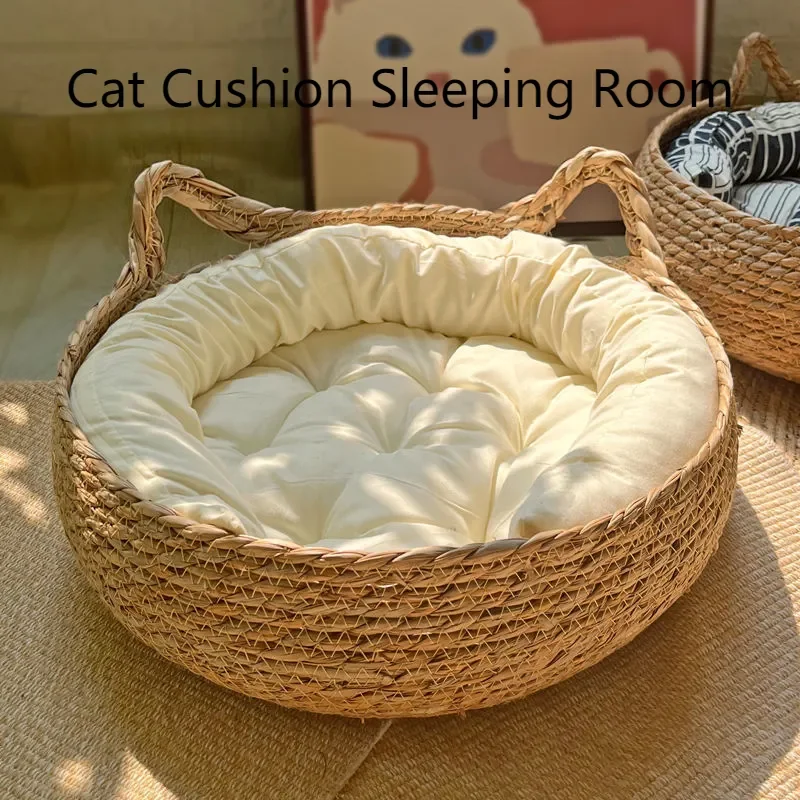 Cat Nest Four Seasons Universal Pure Handmade Vine Woven Cat Nest Seasonal Warmth Pad Detachable Washable Winter Pet Supplies Accessories