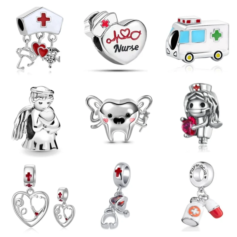Fine 925 Bracelet Accessories Fit European Silver Plated Charms Dentist Nurse Tooth Stethoscope Diy Bead For Women Men Jewelry 5