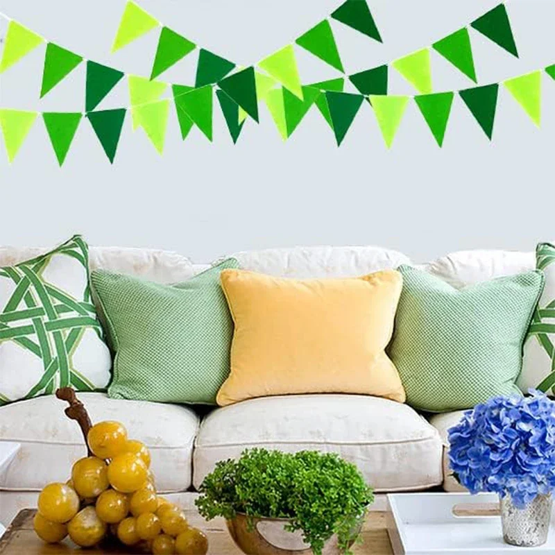 Green Safari Jungle Birthday Tropical Party Felt Bunting Banner Triangle Flags Hanging Fabric Garland Pennant Garden Decorations