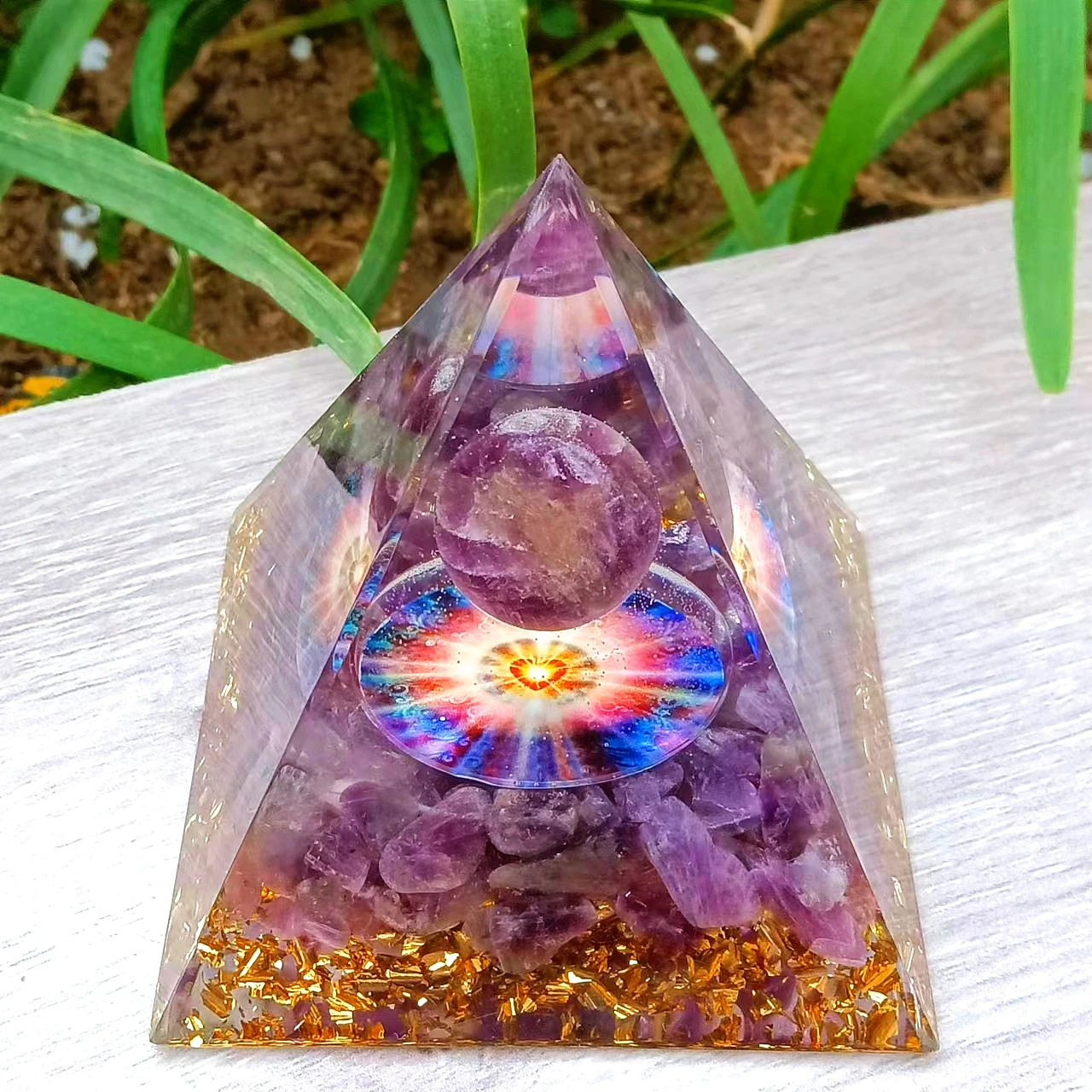 

Energy Generator Orgone Pyramid Amethyst Peridot Healing Natural Crystal Reiki Chakra Generator Orgonite Pyramid Meditation Tool