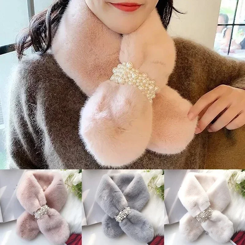 New Womens Winter Scarf Artificial Plush Pearl Thick Warm Cross Three-dimensional Hat Female