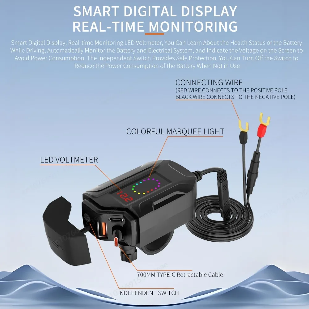 High-Power Motorcycle Phone Charger with Telescopic Cable & Built-in Voltmeter