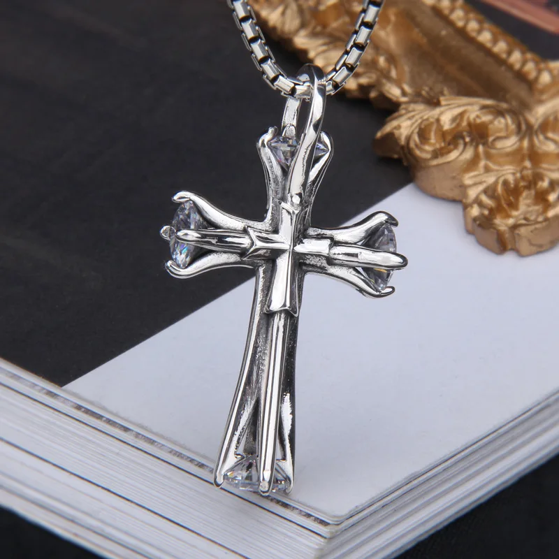 Real S925 Silver Inlaid With Zircon Cross Pendant for Men and Women Lovers Fashion Personality Sweater Chain Jewelry Accessories