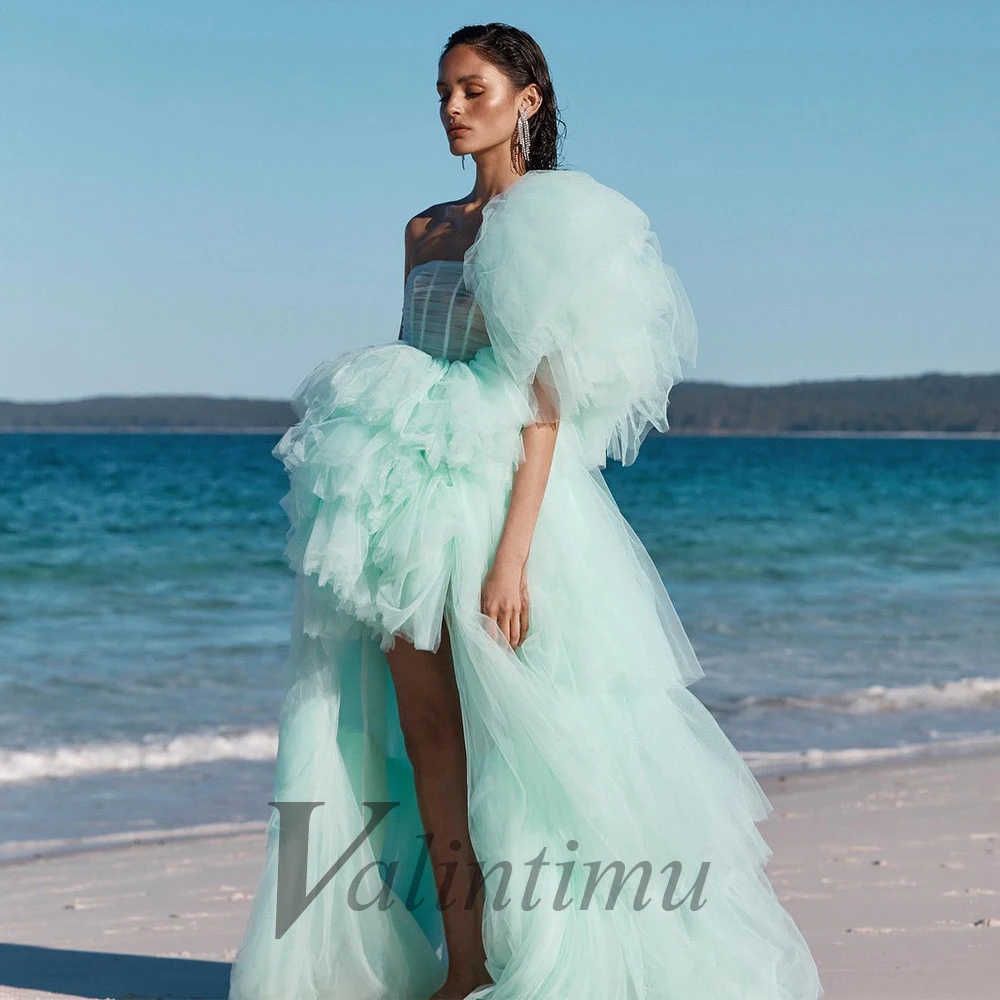 Lovely Aquamarine Tulle One Shoulder Beach Tiered Strapless Ball Gowns Princess Prom Dress Custom Made Party