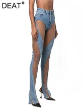  DEAT Fashion Women's Jeans High Waist Spiral Hollow Out Mesh Design Sense Stitching Slit Denim Pants Autumn 2023 New Tide WY140 