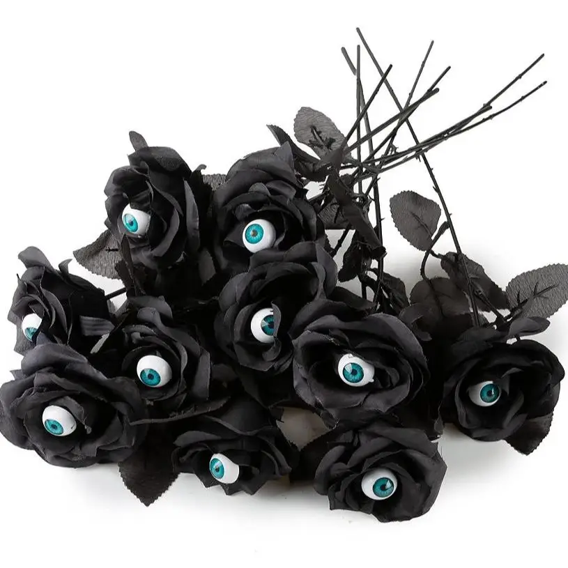 

50pcs Bloody Roses with Eyeball Flower Bouquet Faux White Black Red Rose Bundle Halloween Party Horrible Atmosphere Decor