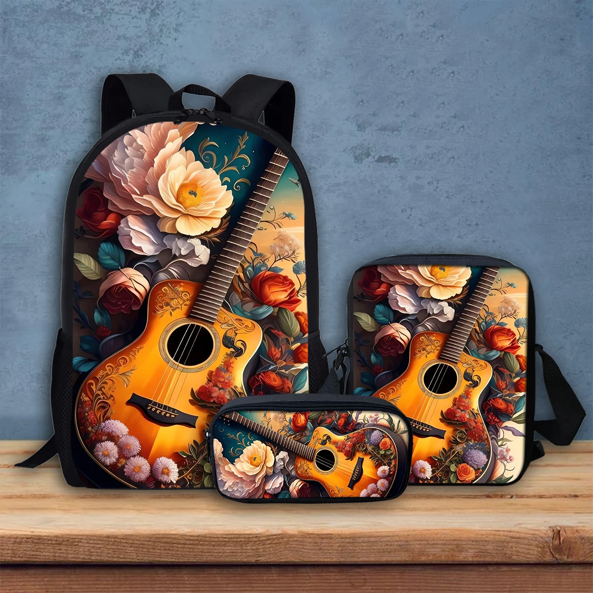 

Exquisite Flower Pencil Box Student Fashion Guitar Casual Portable Crossbody Bag Backpacks 3Pcs/Set mochilas para niños escolar