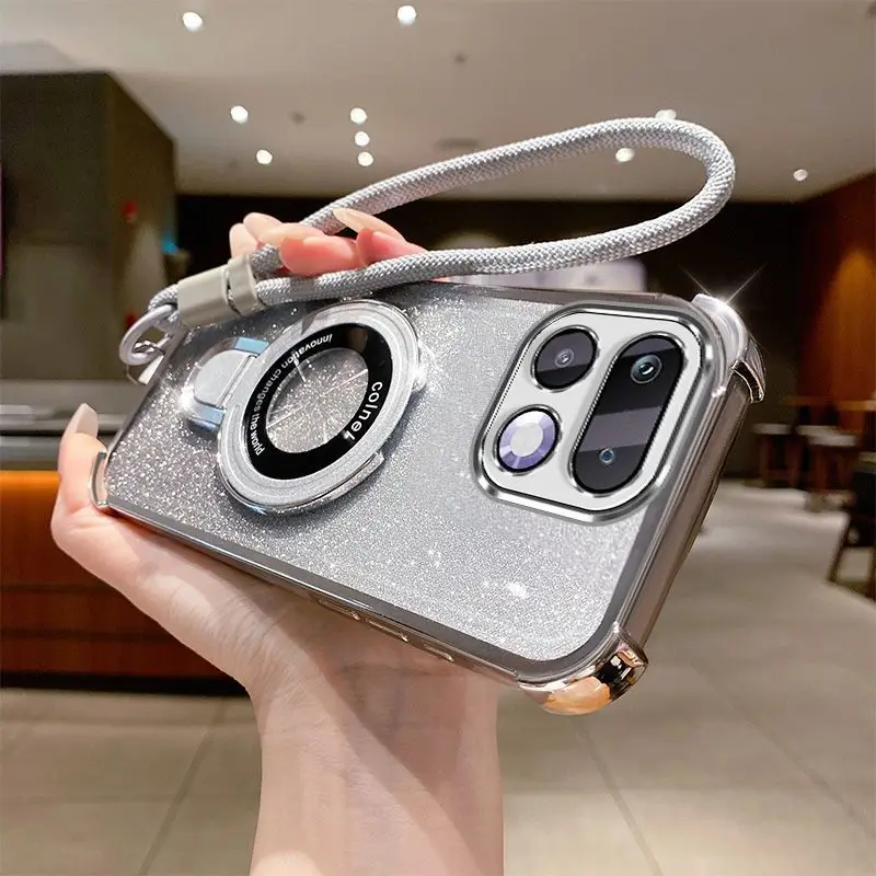 Elegant Shockproof TPU Phone Case with Cute Holder and Hand Strap - Electroplated Design