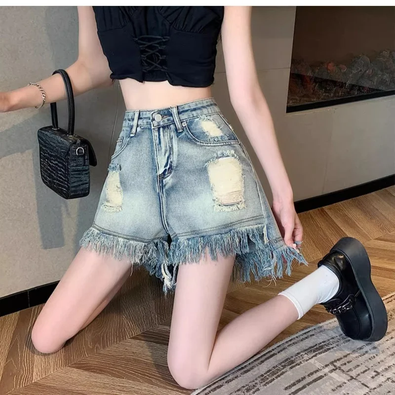 Vintage ripped burr edge high waisted denim y2k Women's shorts Summer new loose and slimming straight leg A-line wide leg pants