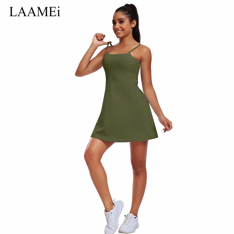LAAMEi Sports Set Tennis Dress Pocket Safety Shorts Fitness Golf Integrated Yoga Set Women's Running Fitness Dress