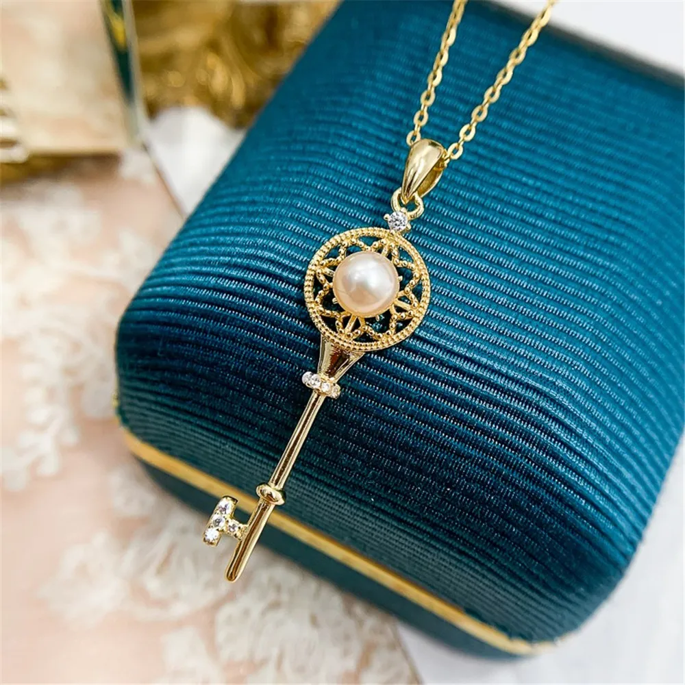 

DIY Pearl Accessories S925 Sterling Silver Pendant with Empty Key Style Necklace Pendant Silver Women's 4-6mm Round Flat Beads