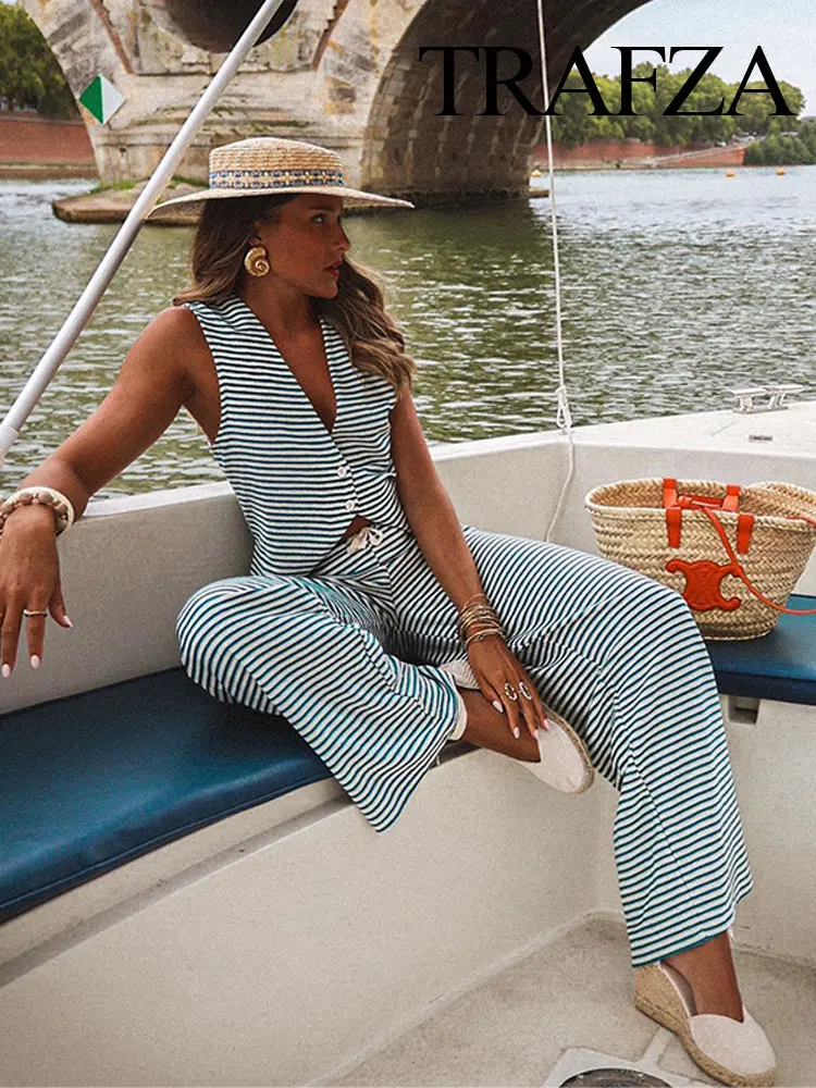 

Женский трикотажный комплект жилета на завязках, с высокой талией и широкими штанинами