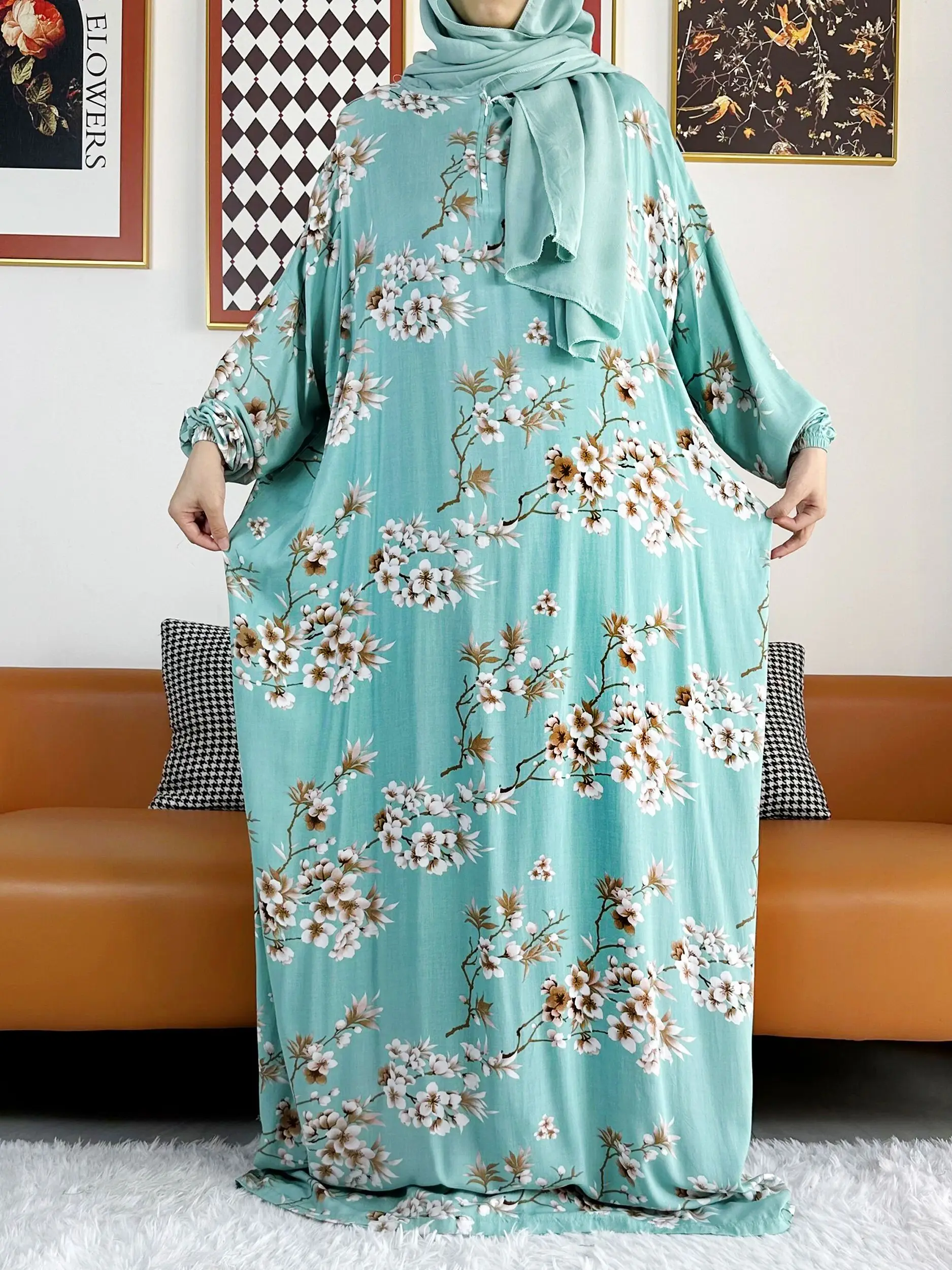 2025 Muslim Rayon Abayas Color Pitch Ramadan Prayer Dubai Turkey Middle East Femme Robe Floral Loose African Dress Turban Joint 6