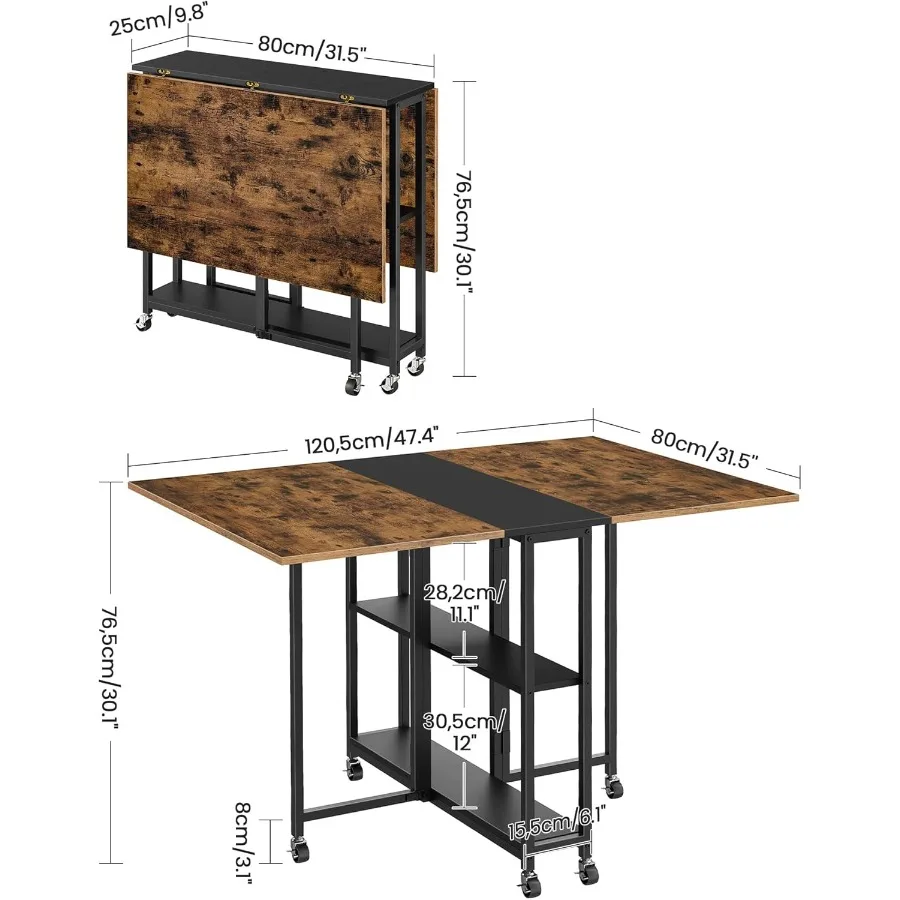 Folding Dining Table Movable Dining Table Expandable Kitchen Table Versatile Table with 6 Wheels and 2Tier Shelf for Dining Liv