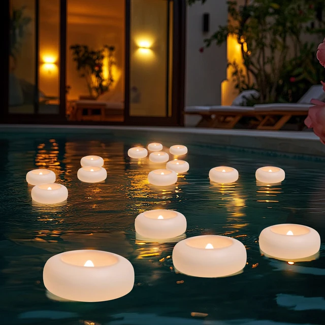 Paquet de 12/24 bougies chauffe-plat flottantes sans flamme étanches bougies LED vacillantes électriques pour fête de mariage piscine et SPA décor à la maison 6