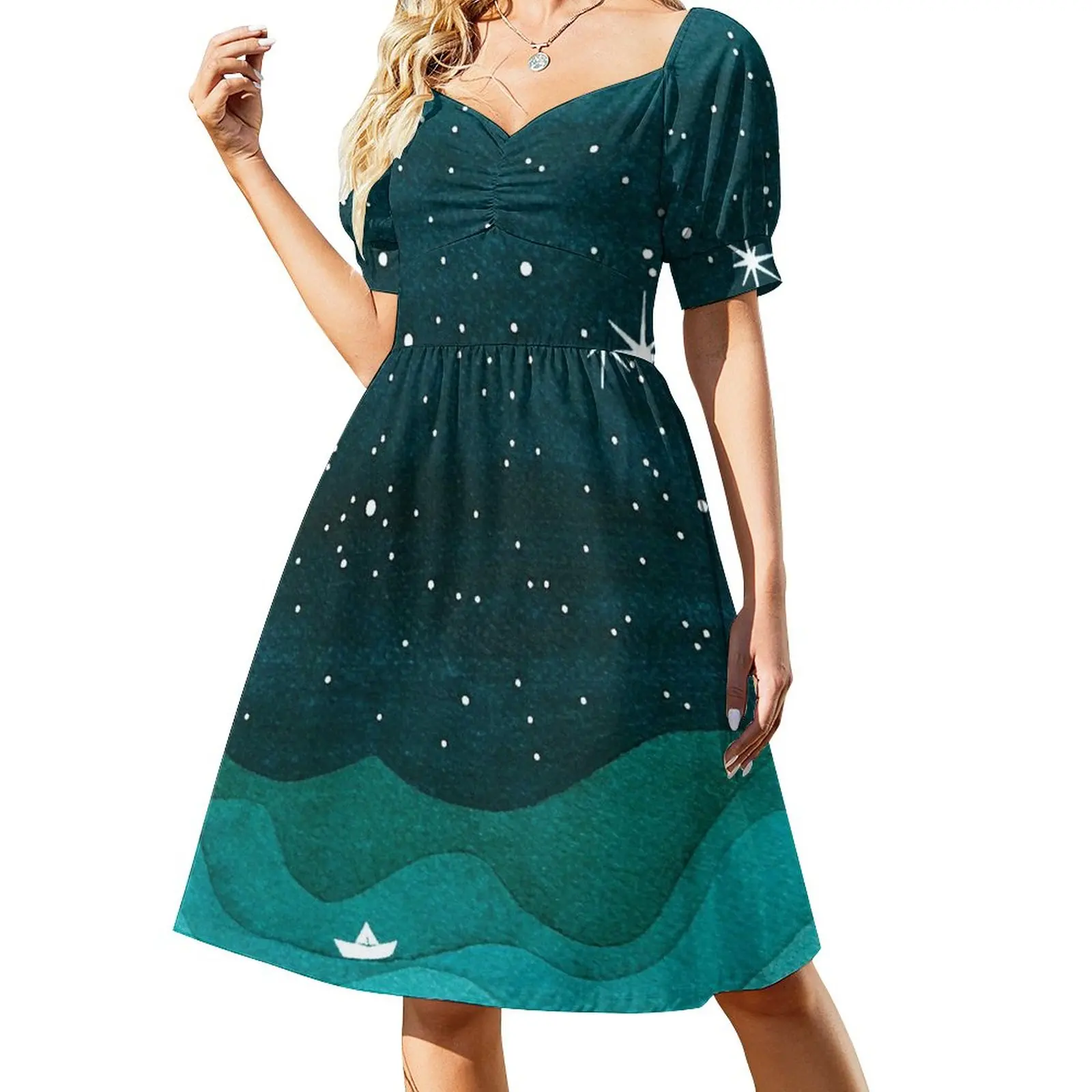 

Starry Ocean, teal sailboat watercolor sea waves night Dress dress korean style luxury evening dresses 2023 Female clothing