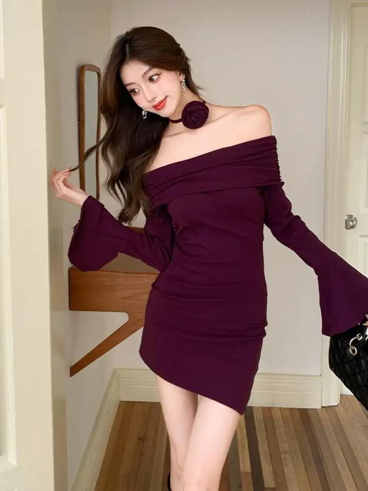 Korean Fashion New Purple Long Sleeve Slim Irregular Pleated