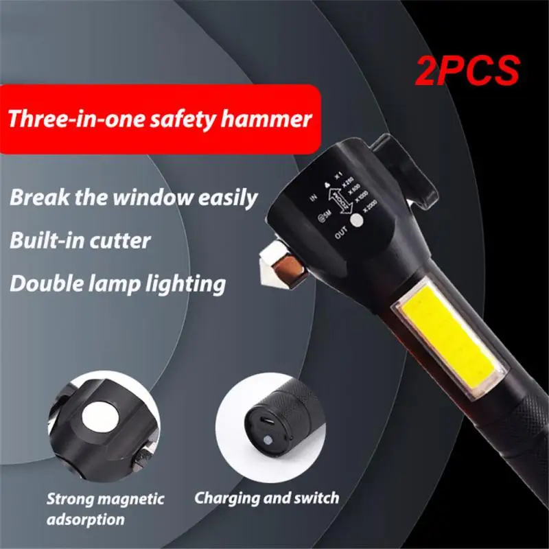 

2PCS Zoom Light Portable Flashlight USB Rechargeable Torches Portable Flashlight Driving Glass Hammer Emergency COB Light