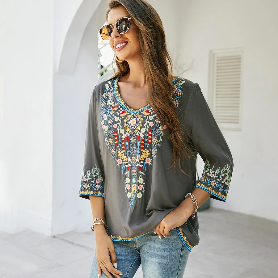 KHALEE YOSE Floral Embroidery Blouse Shirts Boho Vintage Chic Mexican Autumn Blouse 2xl 3xl Ethnic Hippie Women Shirt Blouse 13