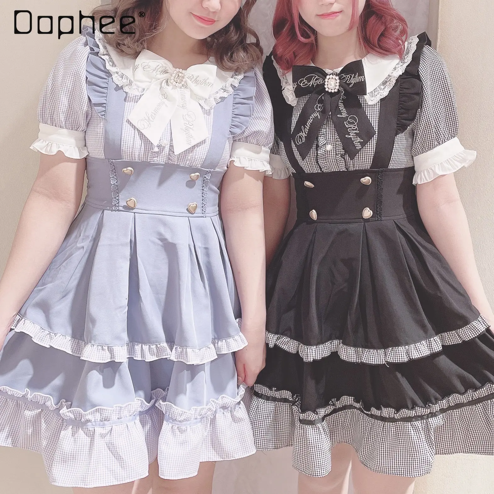 

Lolita Women's Summer Rhinestone Bow Ruffles Dress 2023 New Japanese Style Sweet Short Sleeee Pullover Dresses for Cute Ladies