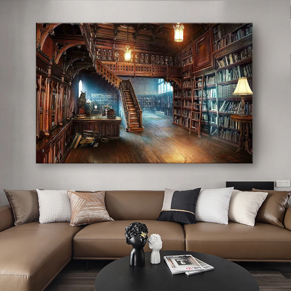 

Surrealistic Printing Poster Stair House Flame Abstract Wall Art Canvas Library Home and Living Room Decoration Modern Paintings